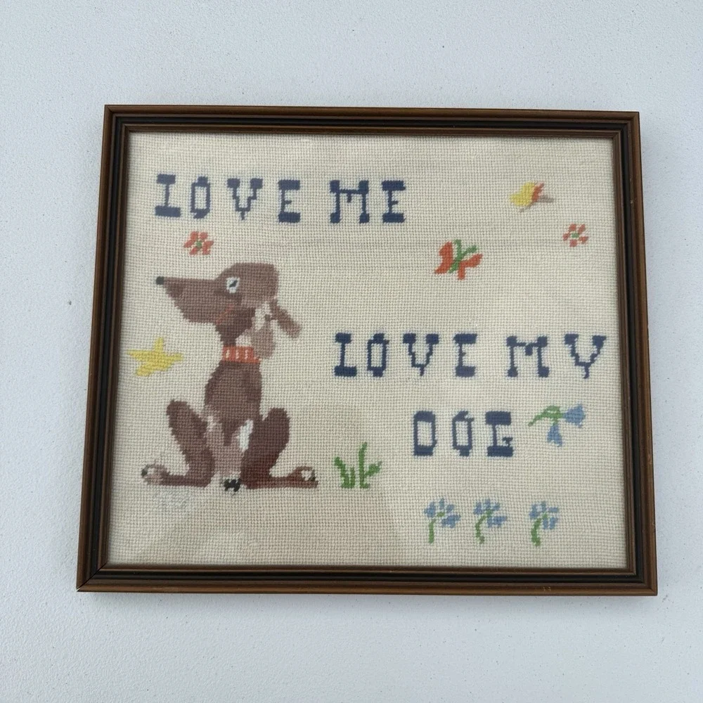 VTG Hand Cross Stitched Dog Sign Love Me Love‎ My Dog Adorable! 13x11